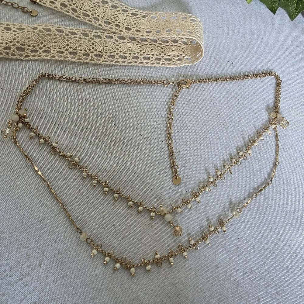 Double Choker Necklace Set Crochet and Double Strand Chain - Picture 7 of 11